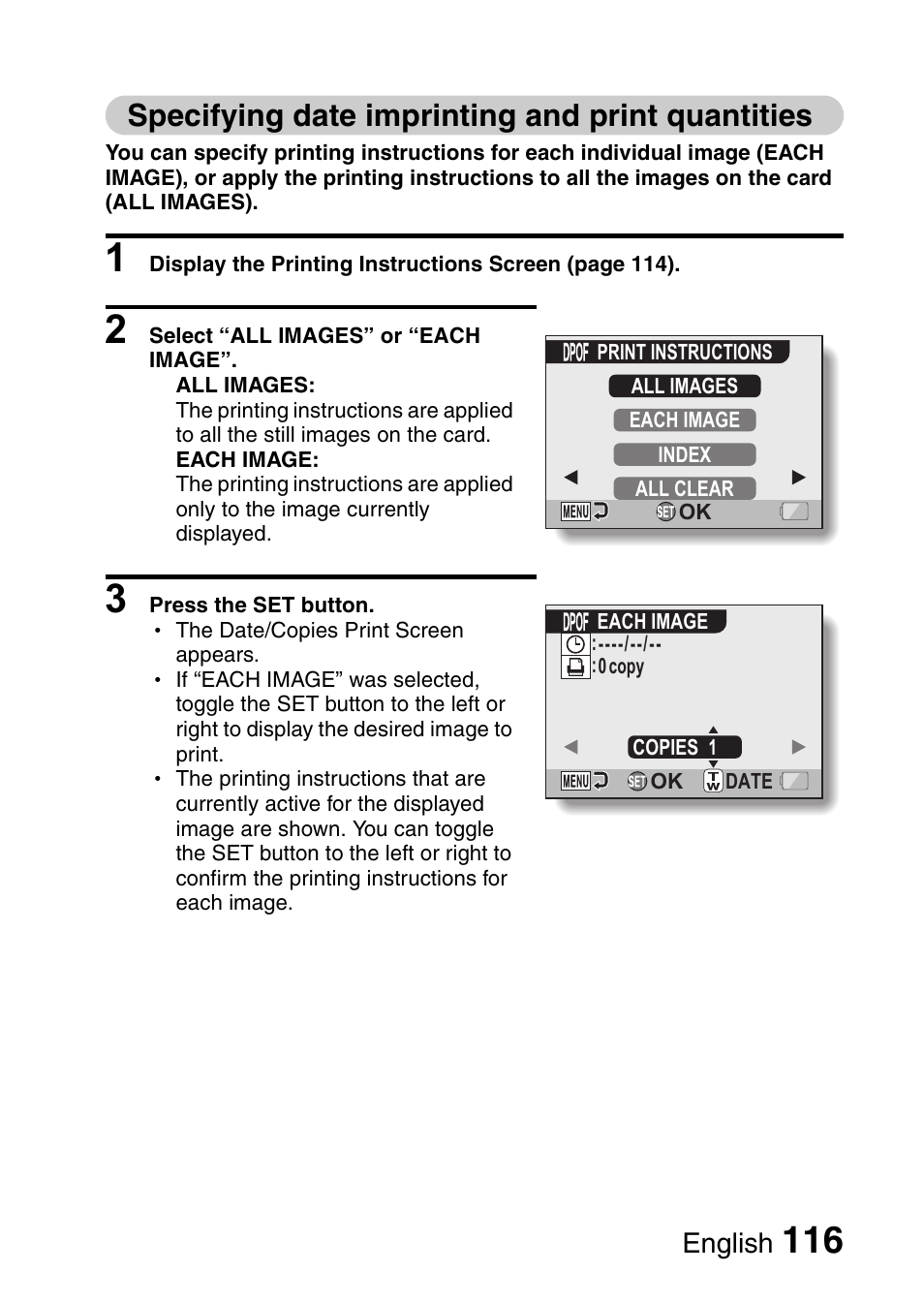 Specifying date imprinting and print quantities, English | Sanyo VPC-CG65PX. User Manual | Page 130 / 206