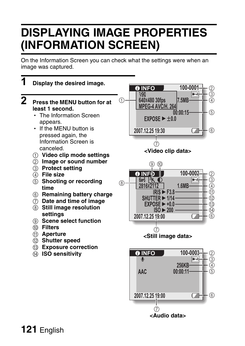 Displaying image properties (information screen), English | Sanyo VPC-CG65PX. User Manual | Page 135 / 206