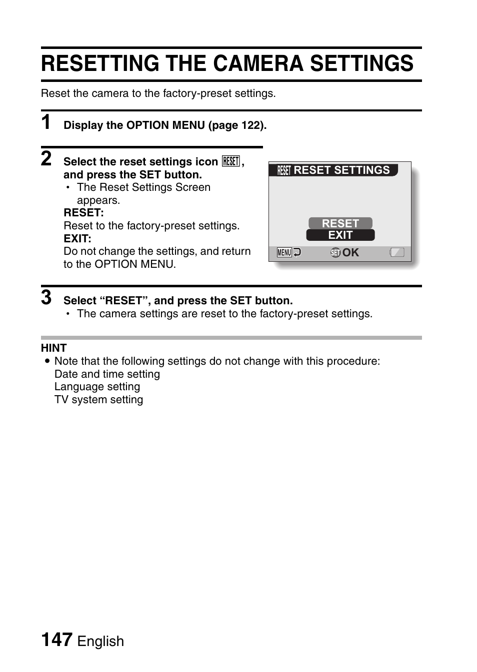 Resetting the camera settings | Sanyo VPC-CG65PX. User Manual | Page 161 / 206