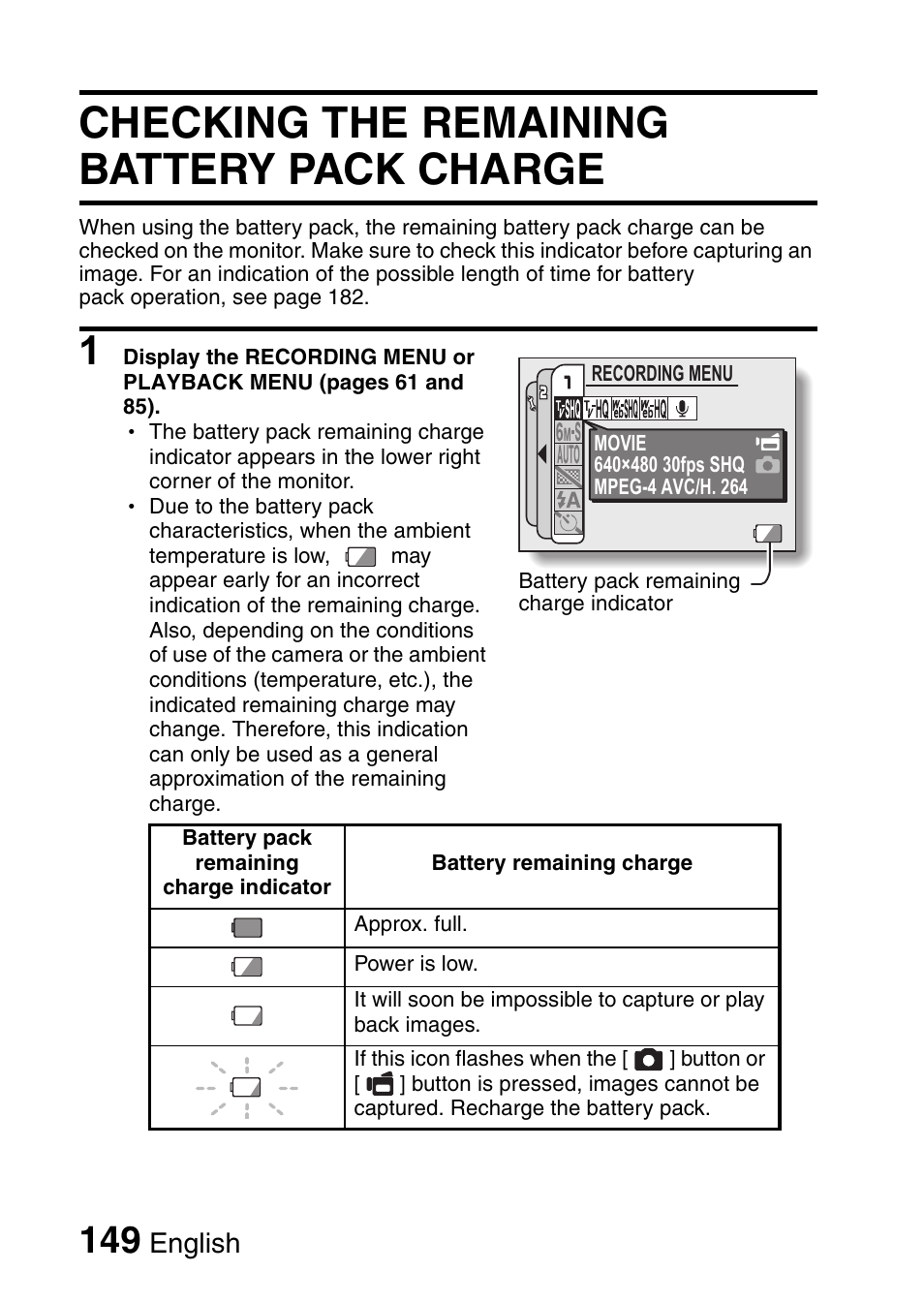 Checking the remaining battery pack charge, English | Sanyo VPC-CG65PX. User Manual | Page 163 / 206