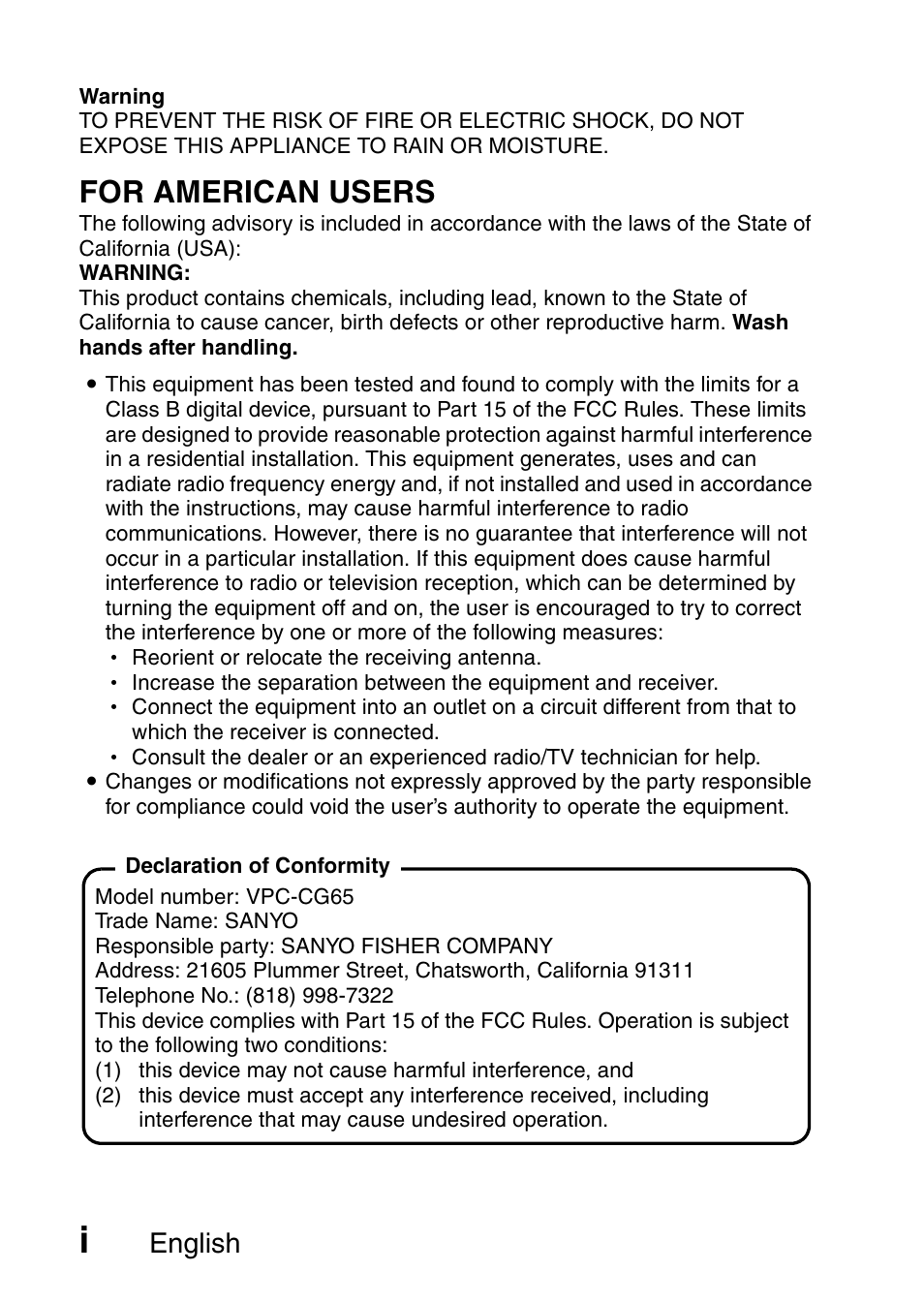 For american users, English | Sanyo VPC-CG65PX. User Manual | Page 2 / 206