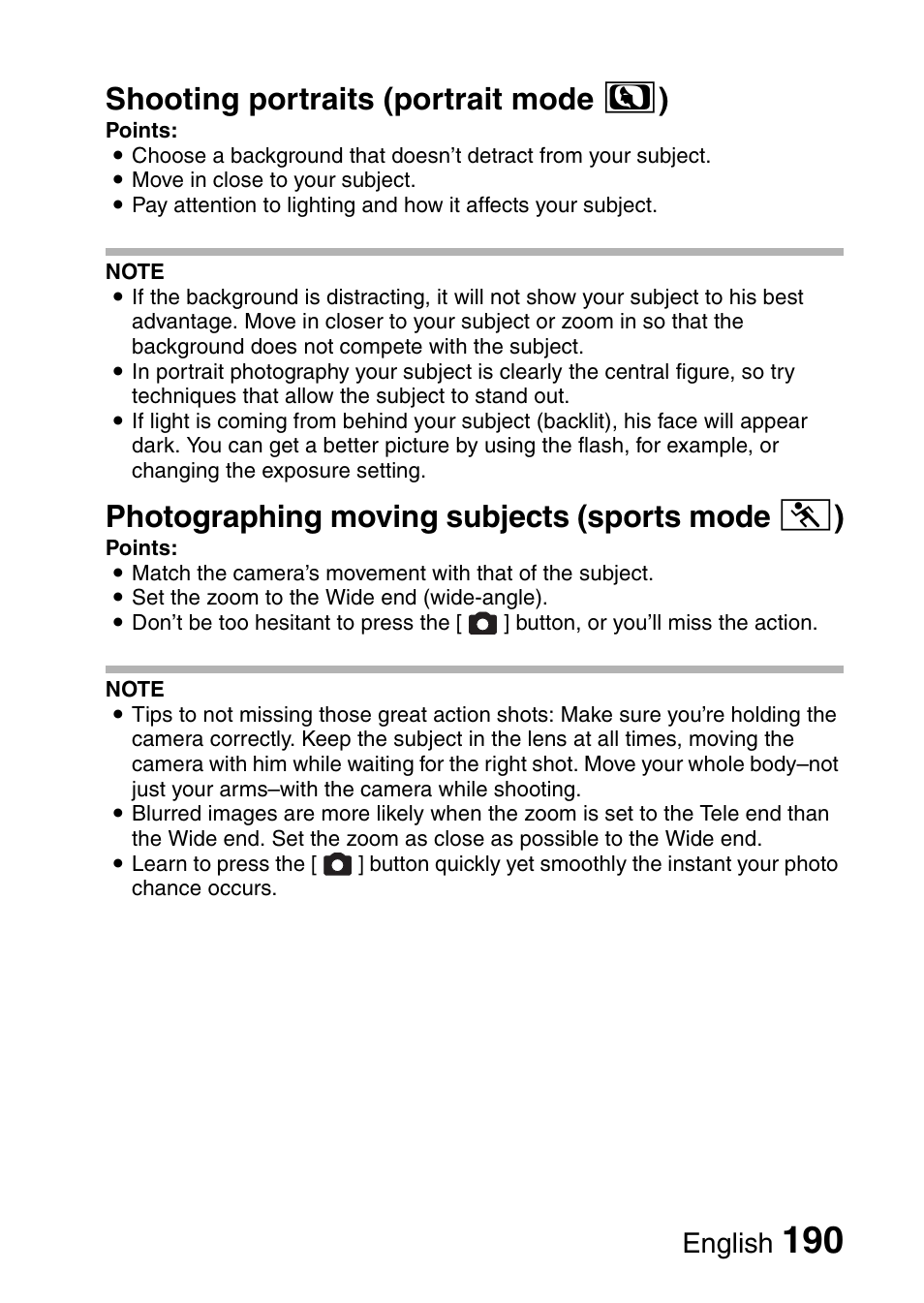 Shooting portraits (portrait mode > ), Photographing moving subjects (sports mode a ), English | Sanyo VPC-CG65PX. User Manual | Page 204 / 206