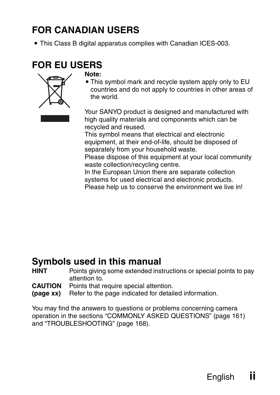 For canadian users, For eu users, Symbols used in this manual | Sanyo VPC-CG65PX. User Manual | Page 3 / 206