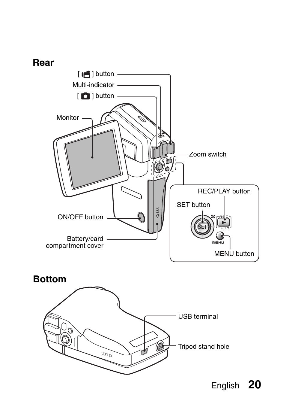 Rear, Bottom, English | Sanyo VPC-CG65PX. User Manual | Page 34 / 206