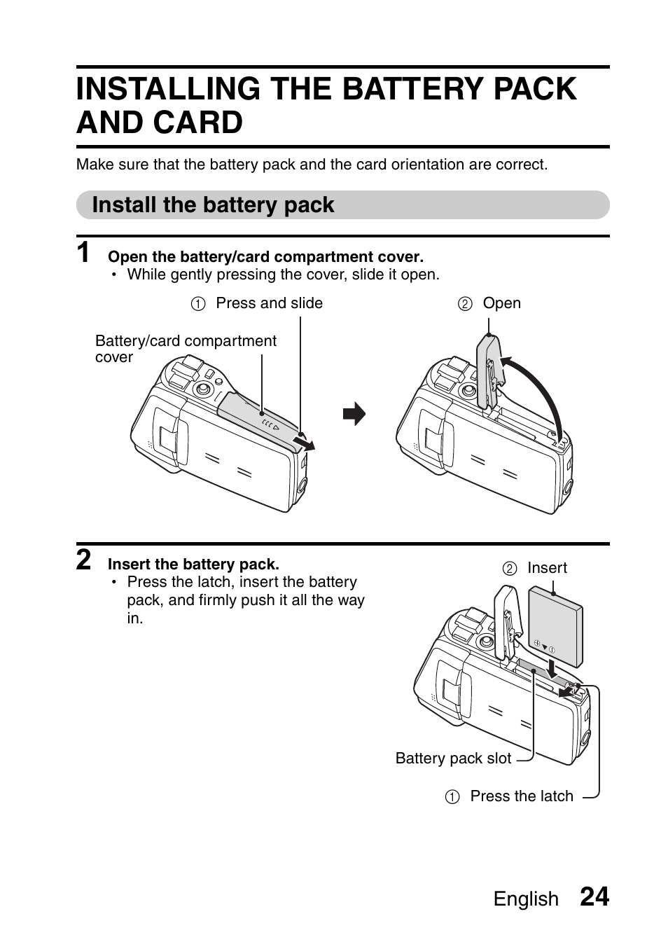 Installing the battery pack and card | Sanyo VPC-CG65PX. User Manual | Page 38 / 206