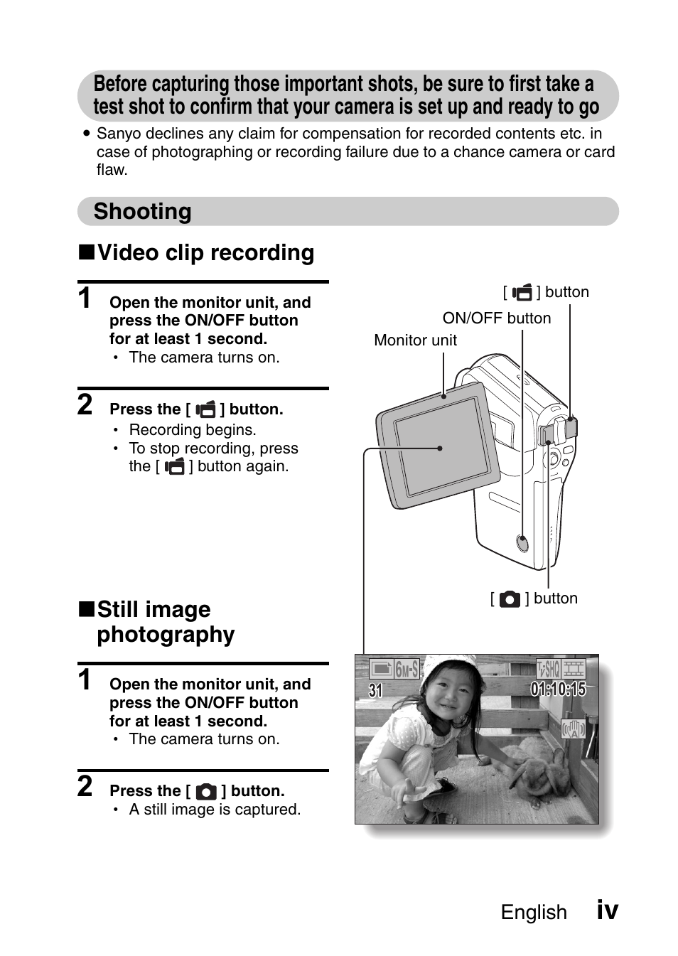 Shooting k video clip recording, K still image photography | Sanyo VPC-CG65PX. User Manual | Page 5 / 206