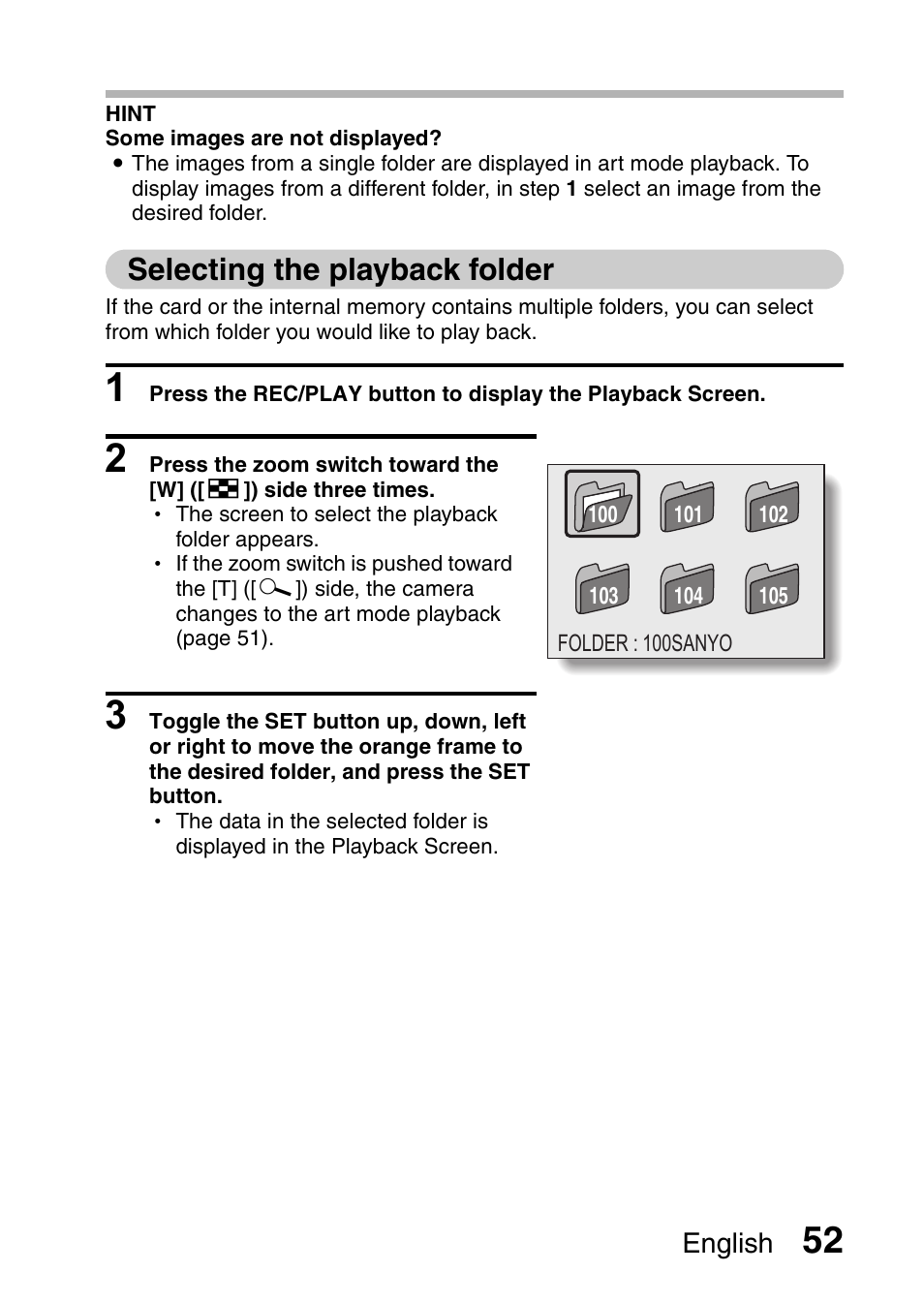 Selecting the playback folder | Sanyo VPC-CG65PX. User Manual | Page 66 / 206