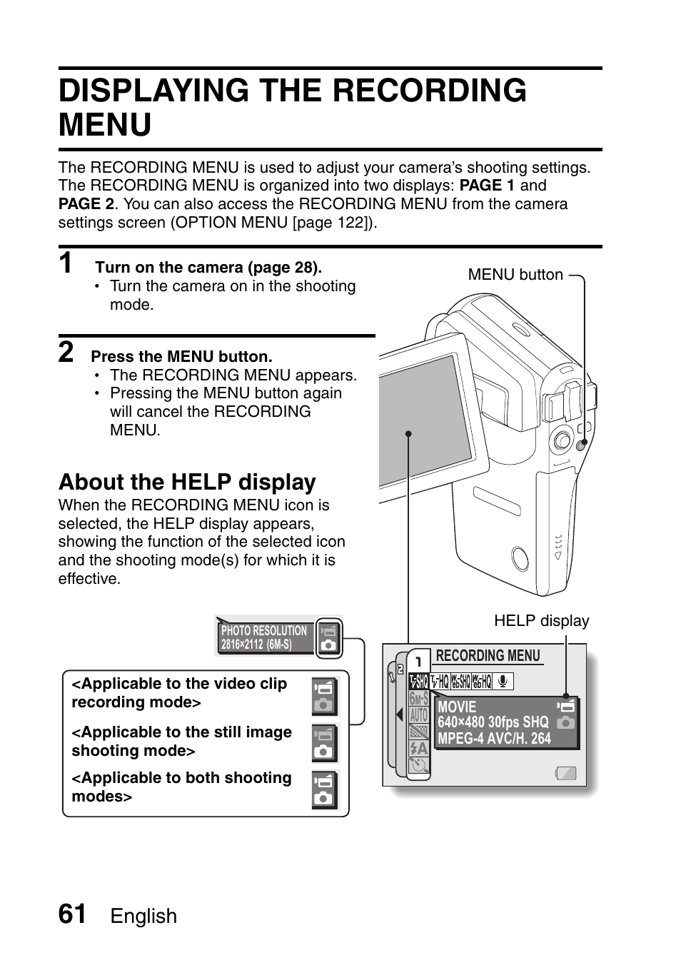 Displaying the recording menu, About the help display | Sanyo VPC-CG65PX. User Manual | Page 75 / 206