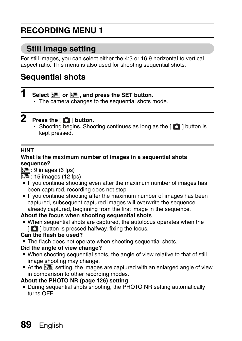 Recording menu 1 still image setting, Sequential shots, English | Sanyo VPC-FH1EX User Manual | Page 110 / 211