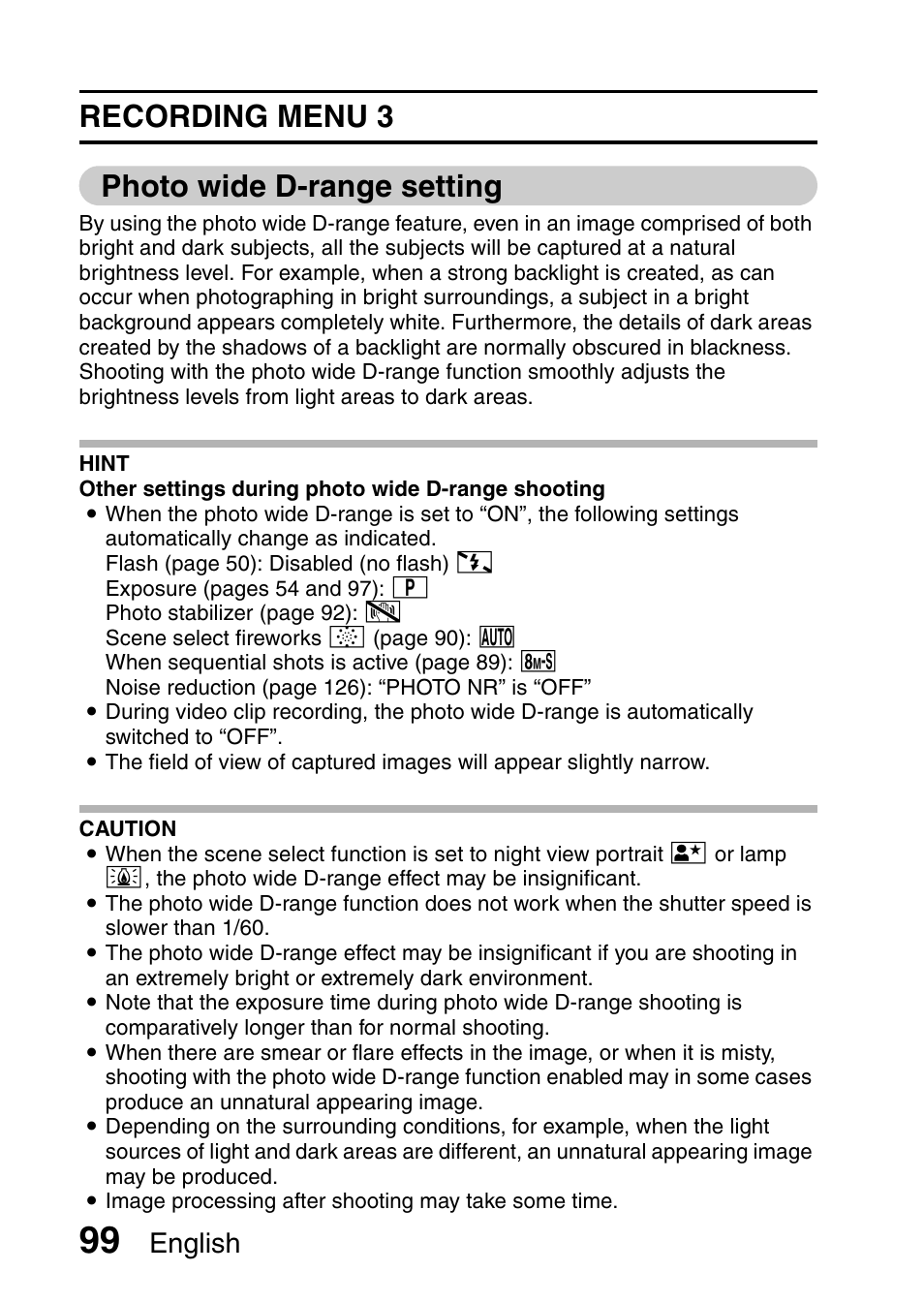 Recording menu 3 photo wide d-range setting, English | Sanyo VPC-FH1EX User Manual | Page 120 / 211