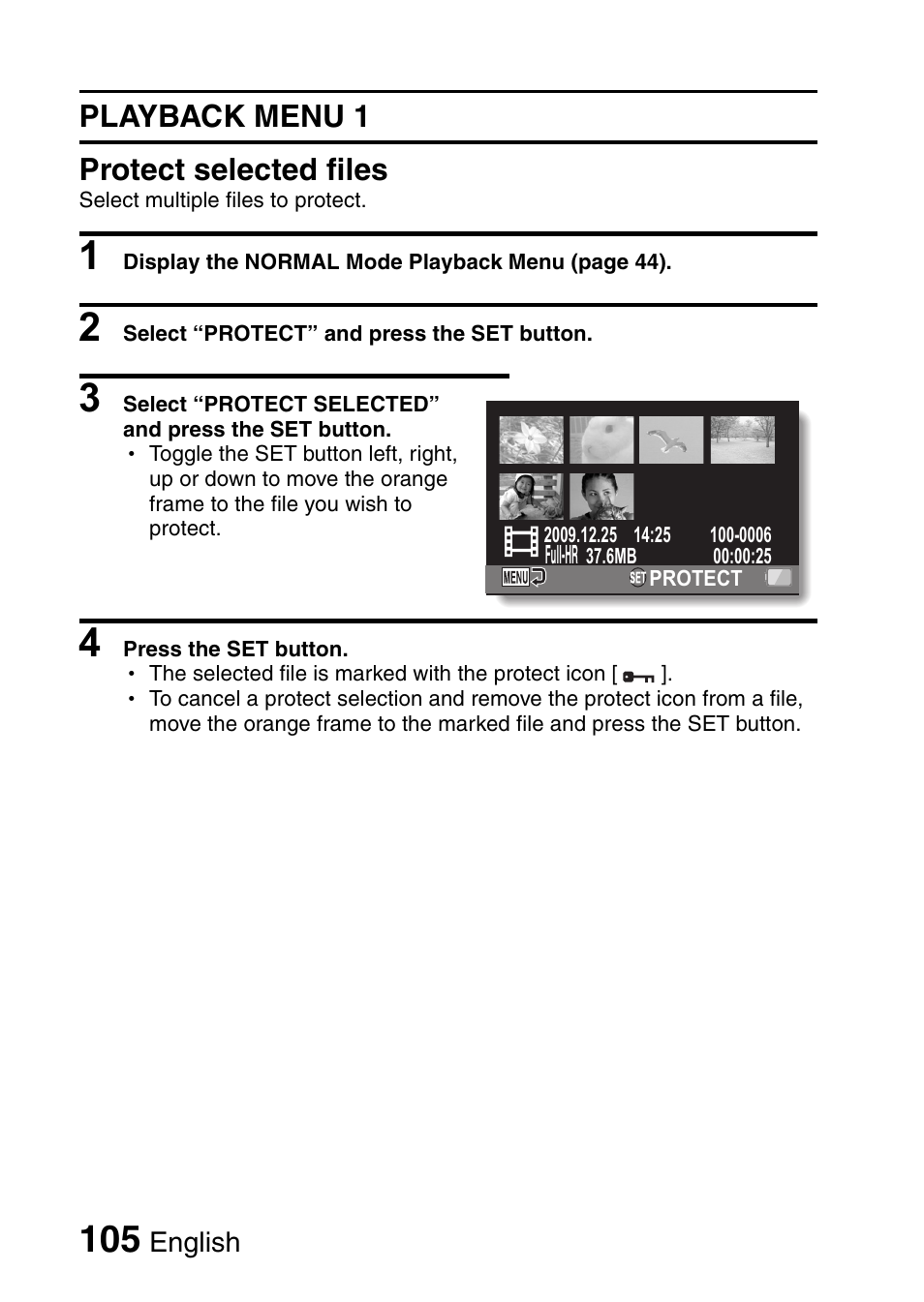 Playback menu 1 protect selected files | Sanyo VPC-FH1EX User Manual | Page 126 / 211