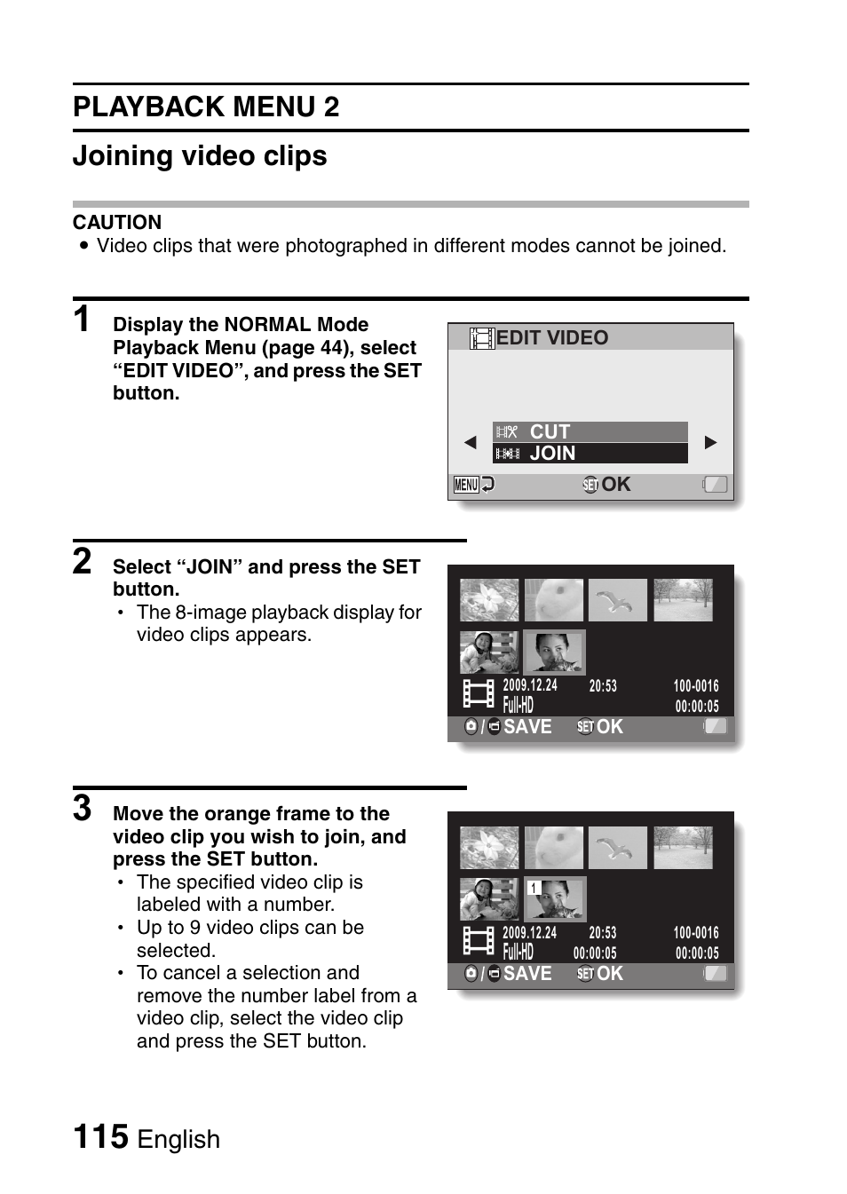 Playback menu 2 joining video clips, English | Sanyo VPC-FH1EX User Manual | Page 136 / 211