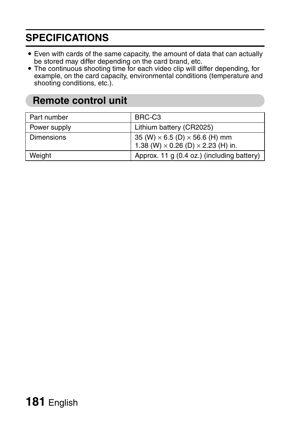 Specifications, Remote control unit, English | Sanyo VPC-FH1EX User Manual | Page 202 / 211