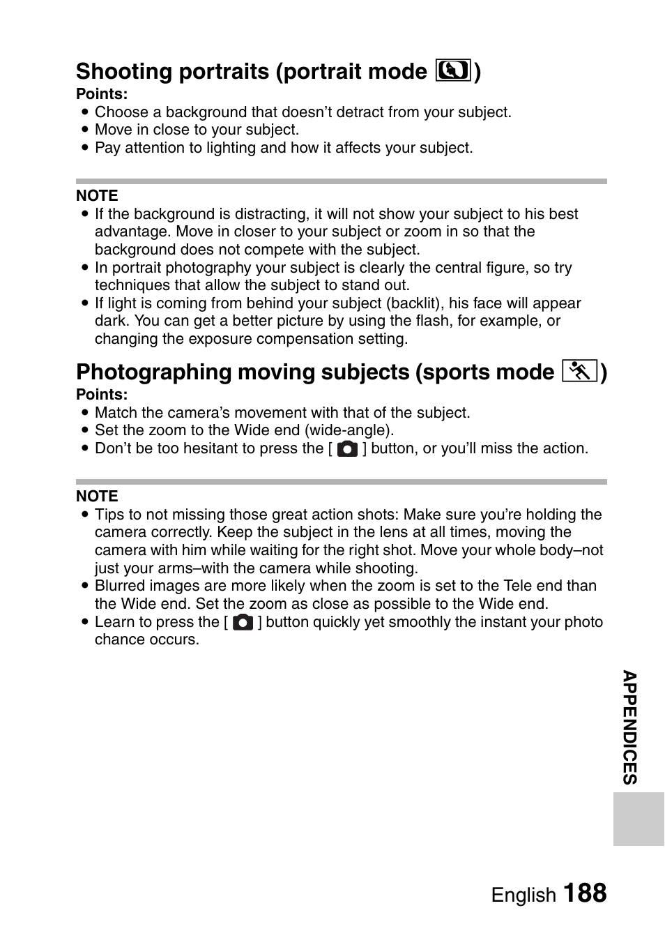 Shooting portraits (portrait mode > ), Photographing moving subjects (sports mode a ), English | Sanyo VPC-FH1EX User Manual | Page 209 / 211