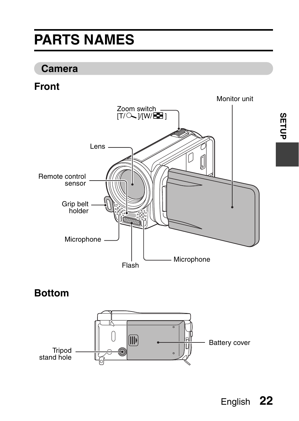 Parts names, Camera front bottom, English | Sanyo VPC-FH1EX User Manual | Page 43 / 211