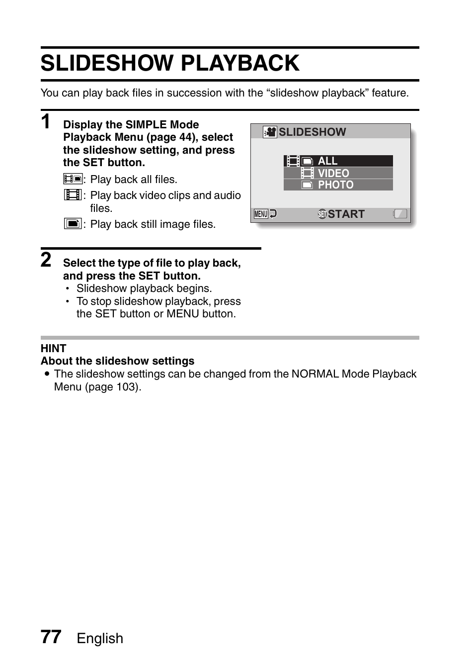Slideshow playback | Sanyo VPC-FH1EX User Manual | Page 98 / 211