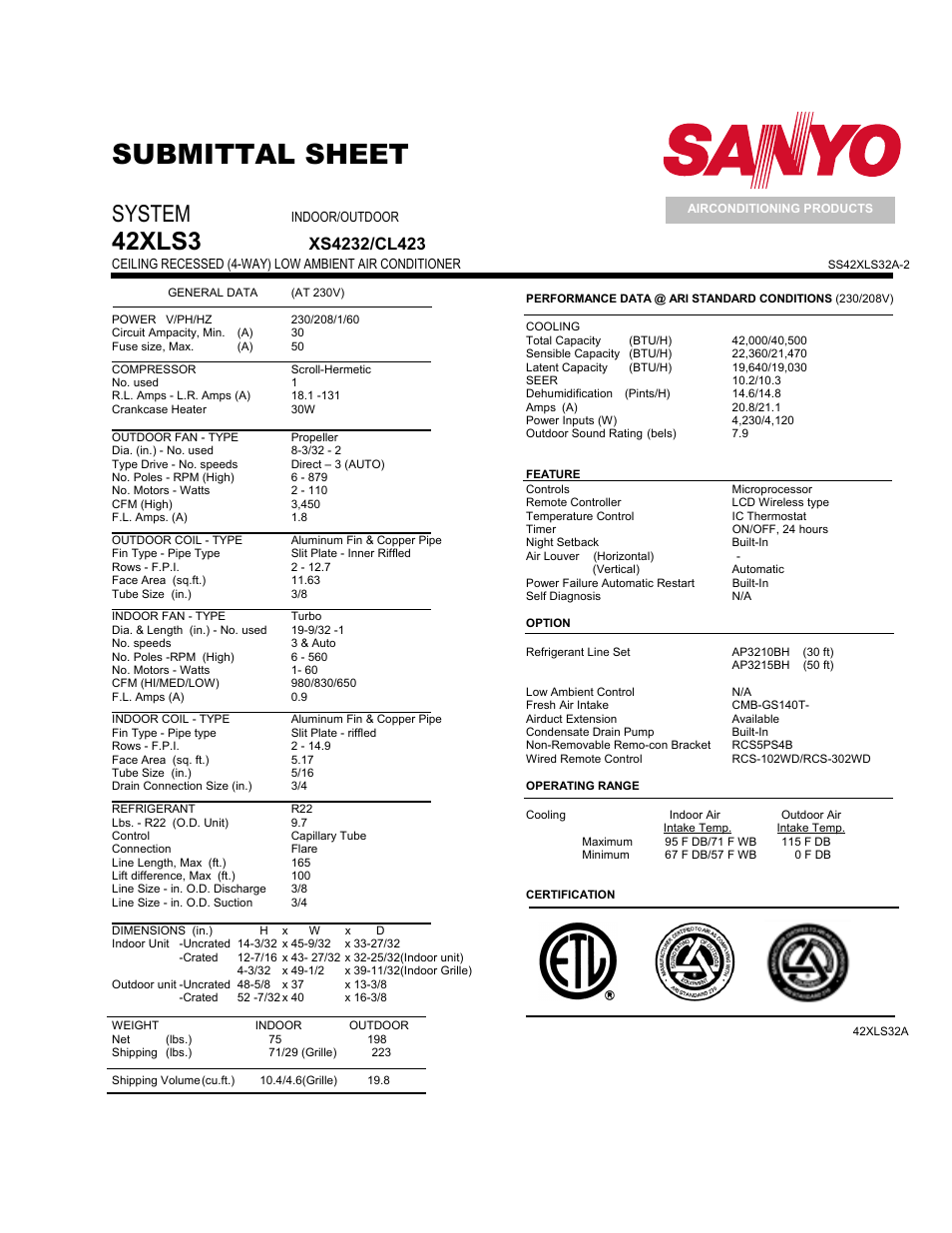 Submittal sheet, 42xls32a, System | Sanyo 42XLS32A User Manual | Page 2 / 3