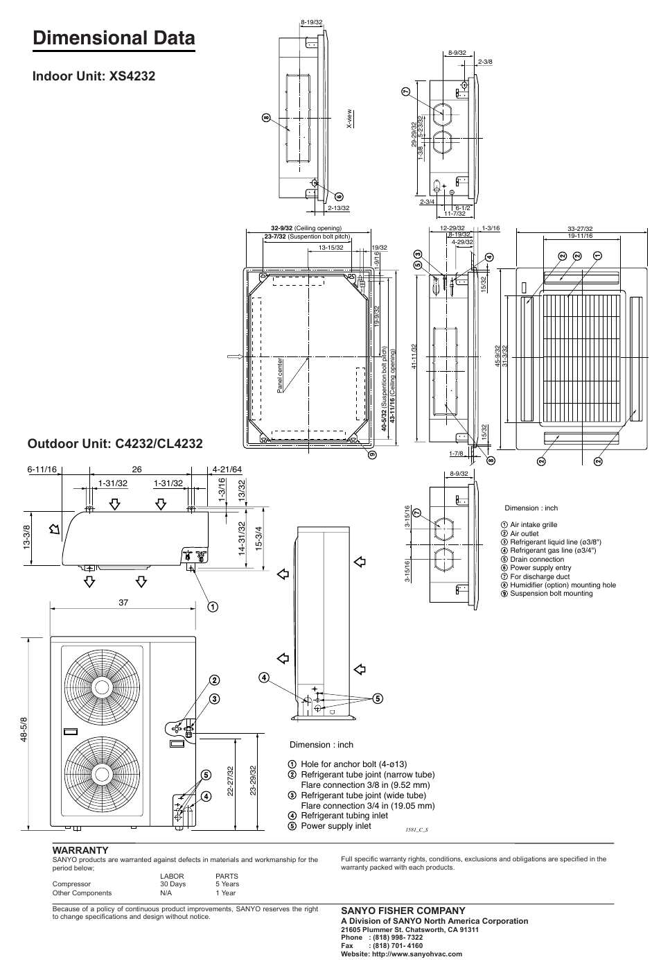 Dimensional data, Indoor unit: xs4232, Warranty | Sanyo fisher company | Sanyo 42XLS32A User Manual | Page 3 / 3