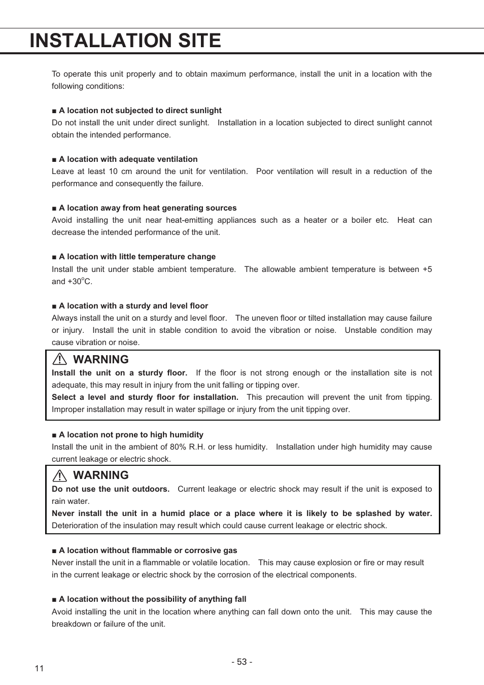 Installation site, Warning | Sanyo MDF-U7486S User Manual | Page 12 / 34