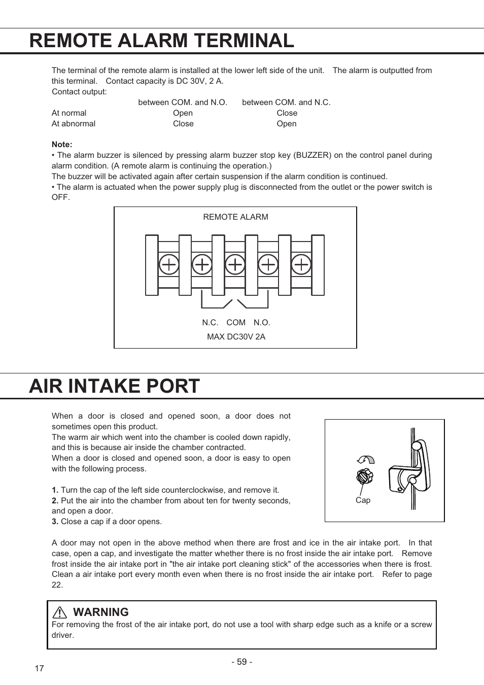 Remote alarm terminal, Air intake port, Warning | Sanyo MDF-U7486S User Manual | Page 18 / 34