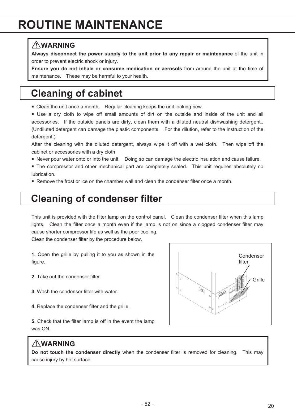Routine maintenance, Cleaning of cabinet, Cleaning of condenser filter | Warning | Sanyo MDF-U7486S User Manual | Page 21 / 34