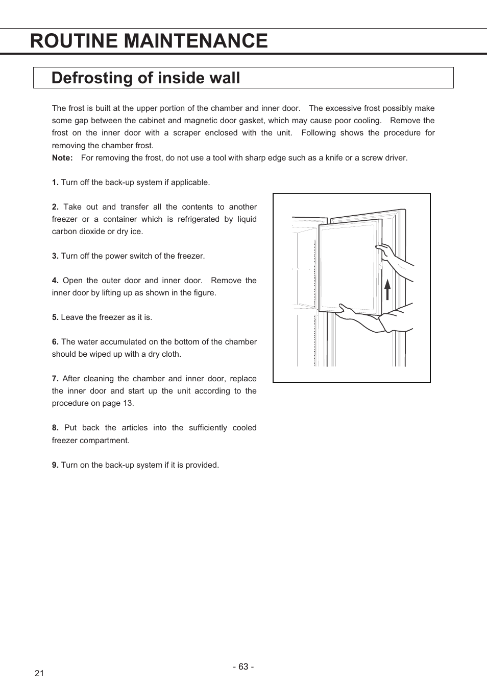 Routine maintenance, Defrosting of inside wall | Sanyo MDF-U7486S User Manual | Page 22 / 34