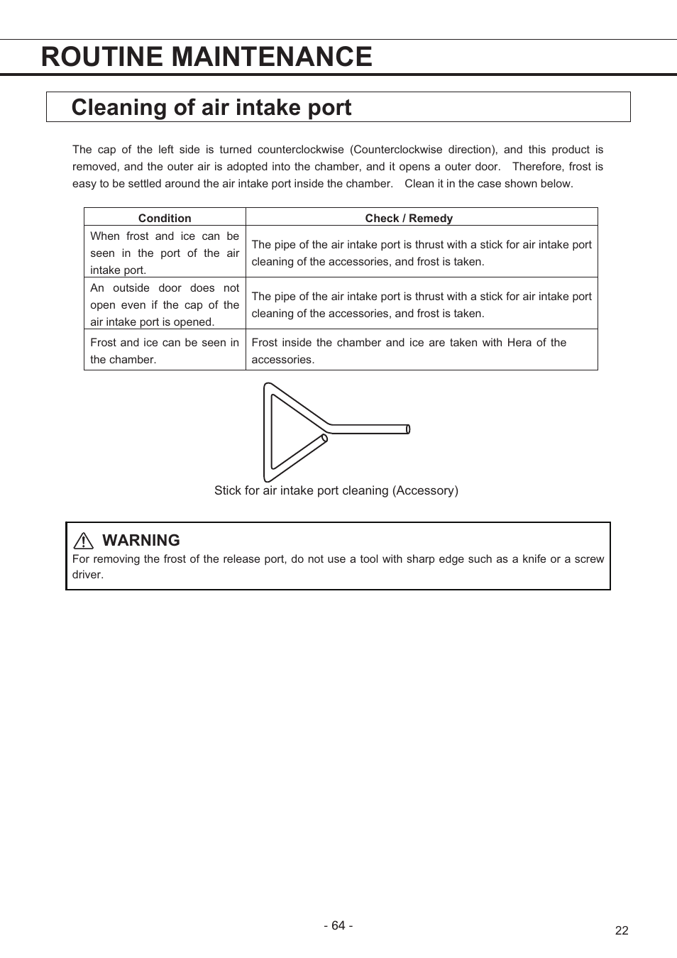 Routine maintenance, Cleaning of air intake port, Warning | Sanyo MDF-U7486S User Manual | Page 23 / 34