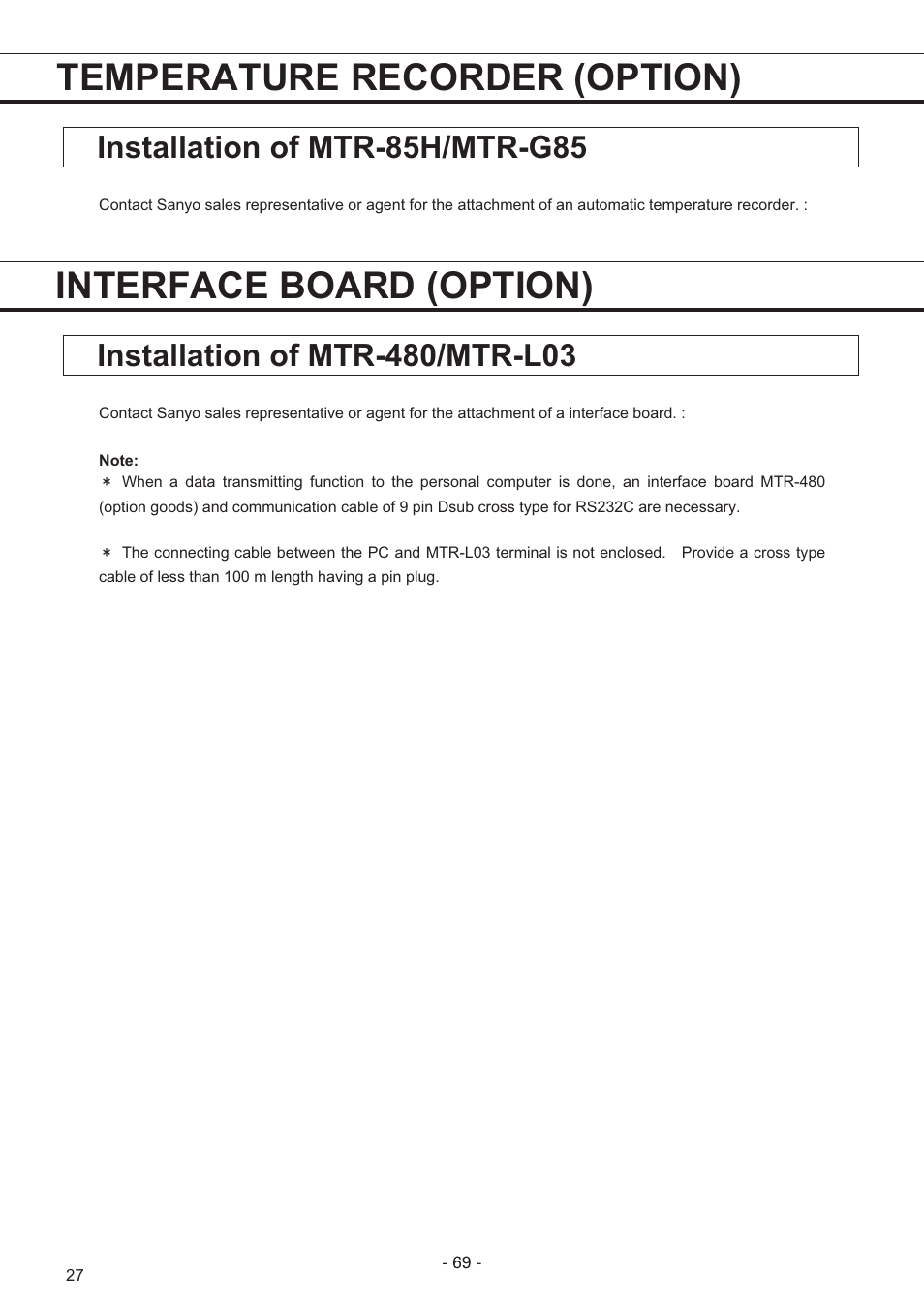 Temperature recorder (option), Interface board (option), Installation of mtr-85h/mtr-g85 | Sanyo MDF-U7486S User Manual | Page 28 / 34