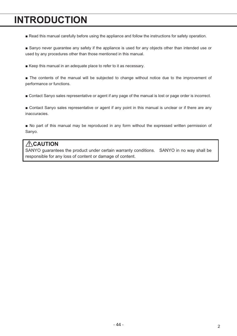 Introduction, Caution | Sanyo MDF-U7486S User Manual | Page 3 / 34
