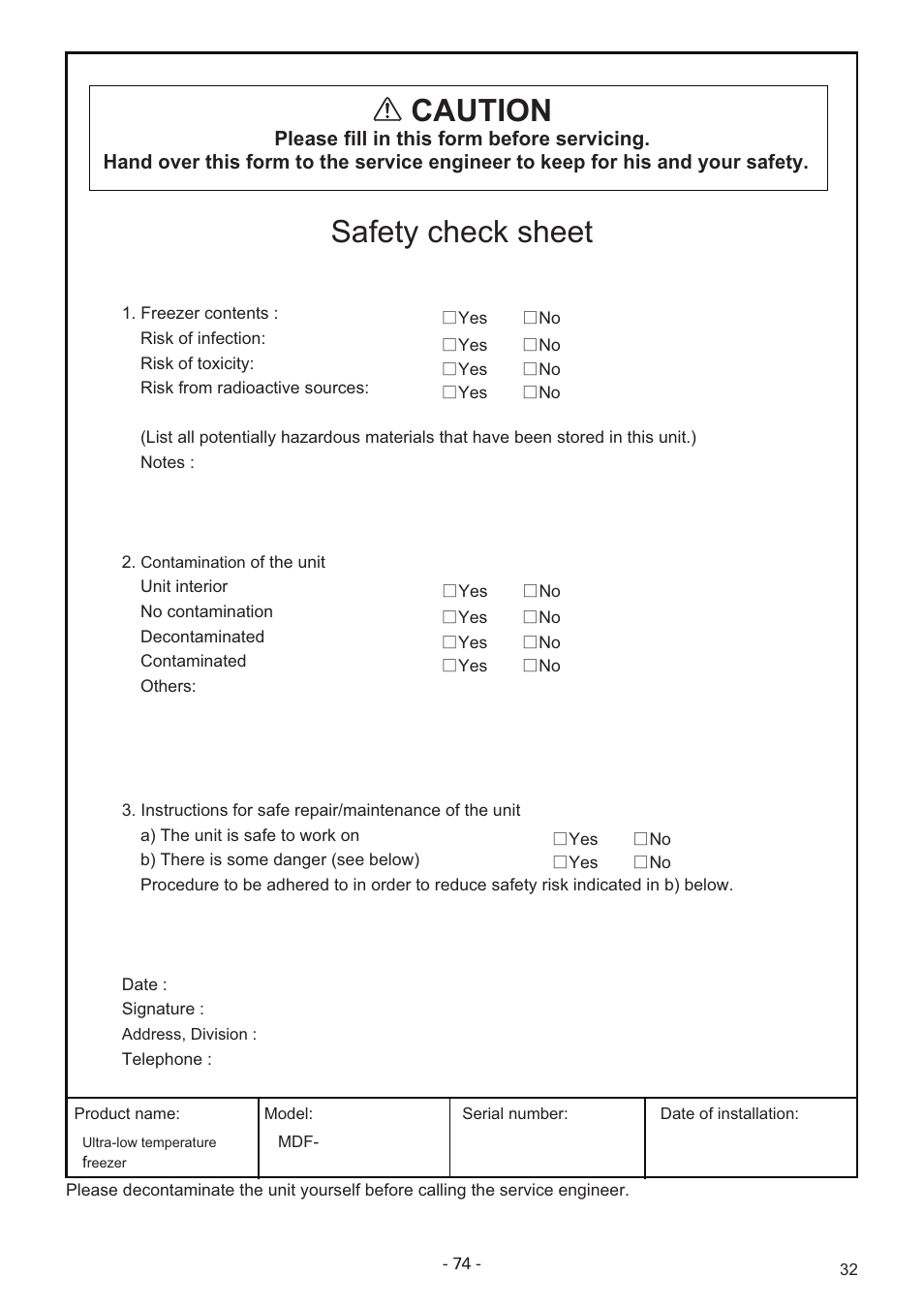 Caution, Safety check sheet | Sanyo MDF-U7486S User Manual | Page 33 / 34