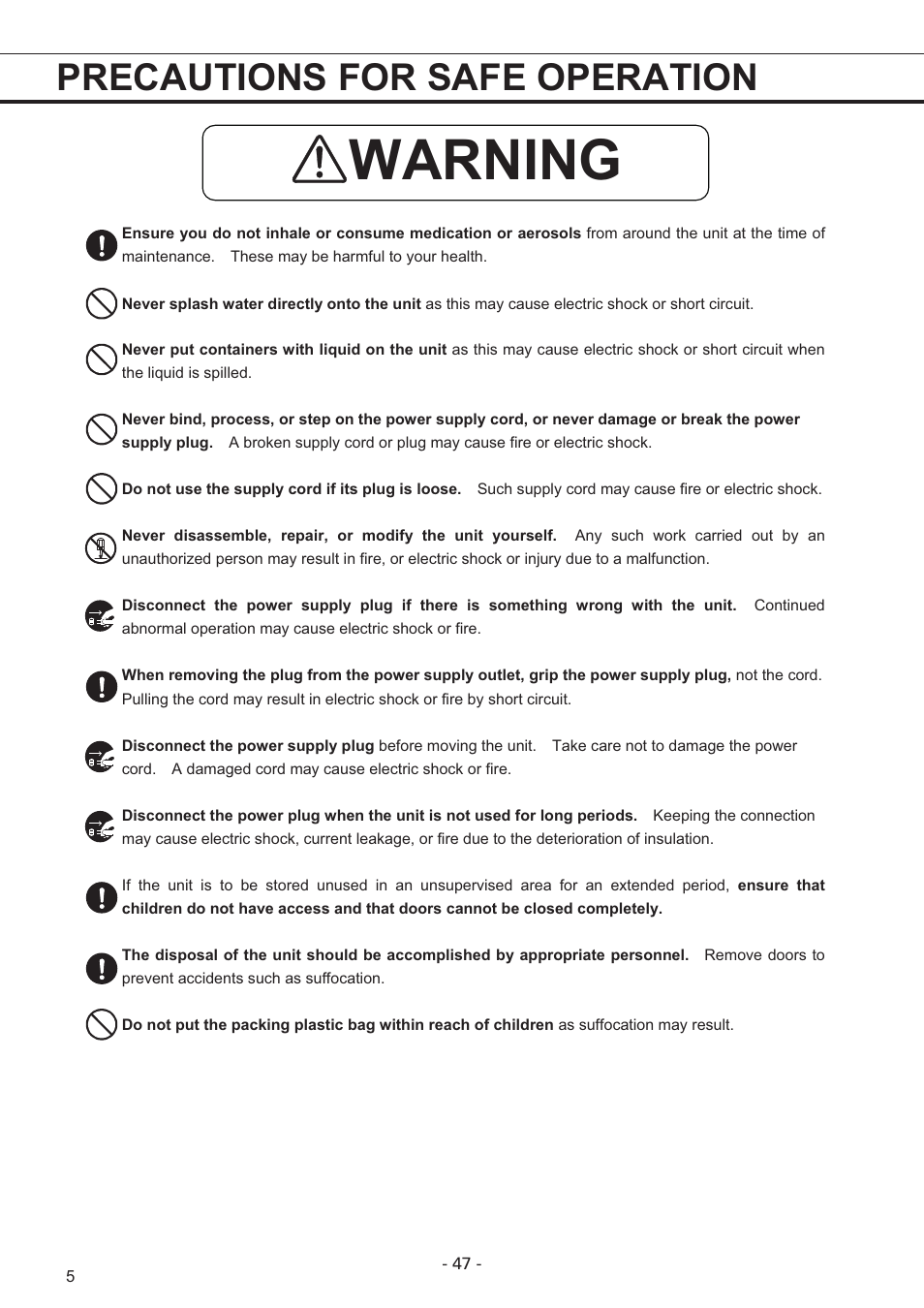 Warning, Precautions for safe operation | Sanyo MDF-U7486S User Manual | Page 6 / 34