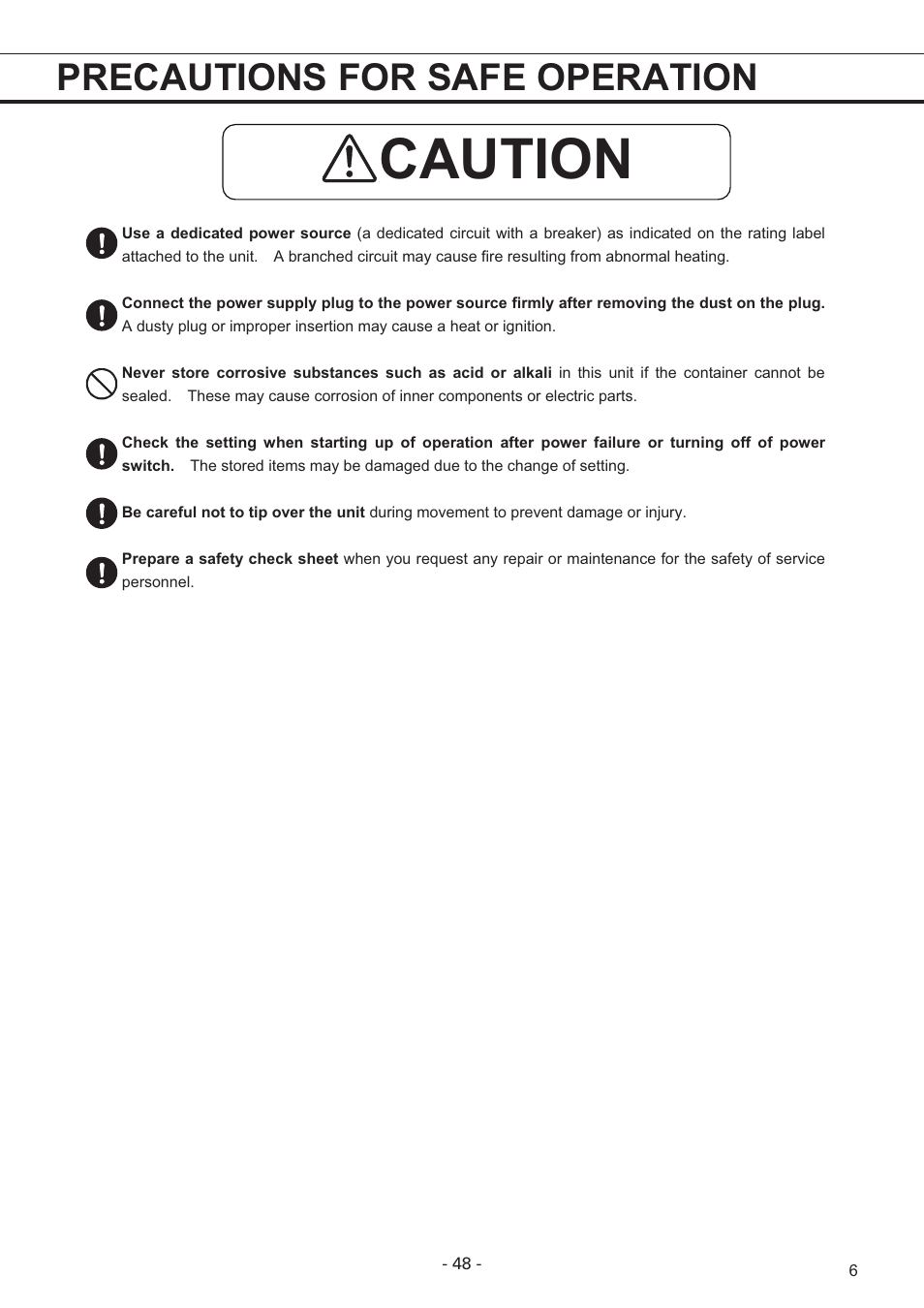 Caution, Precautions for safe operation | Sanyo MDF-U7486S User Manual | Page 7 / 34