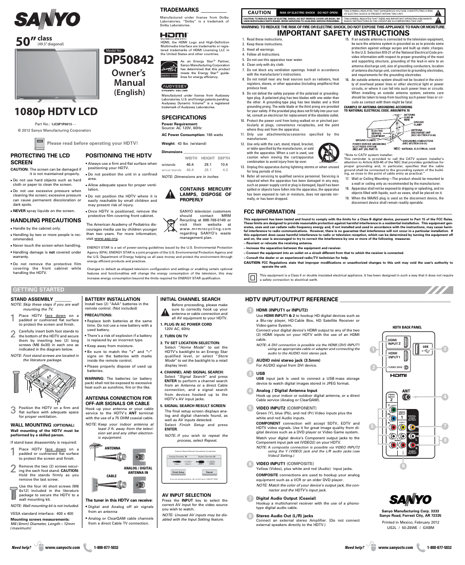 Sanyo 1080p HDTV LCD DP50842 User Manual | 2 pages