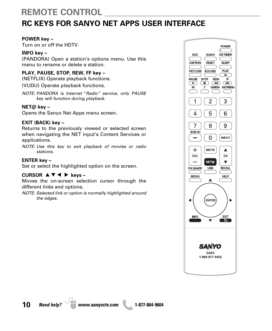 Remote control, Rc keys for sanyo net apps user interface | Sanyo NET@ DP47460 User Manual | Page 10 / 20