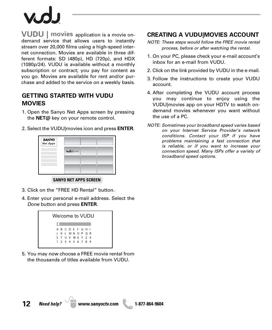 Vudu, Movies | Sanyo NET@ DP47460 User Manual | Page 12 / 20