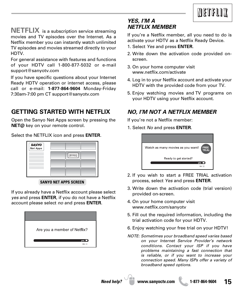 Netflix, Getting started with netflix, Yes, i’m a netflix member | No, i’m not a netflix member | Sanyo NET@ DP47460 User Manual | Page 15 / 20