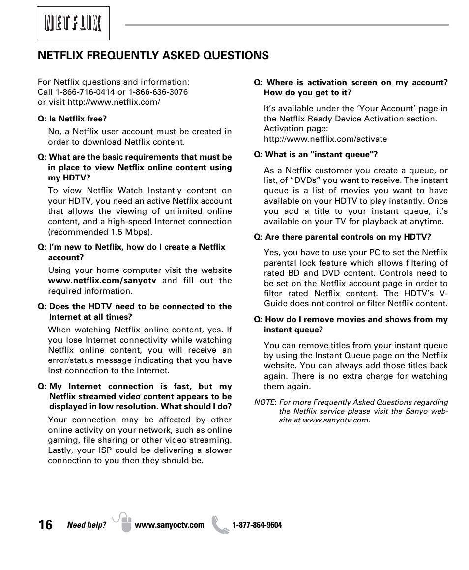 Netflix frequently asked questions | Sanyo NET@ DP47460 User Manual | Page 16 / 20