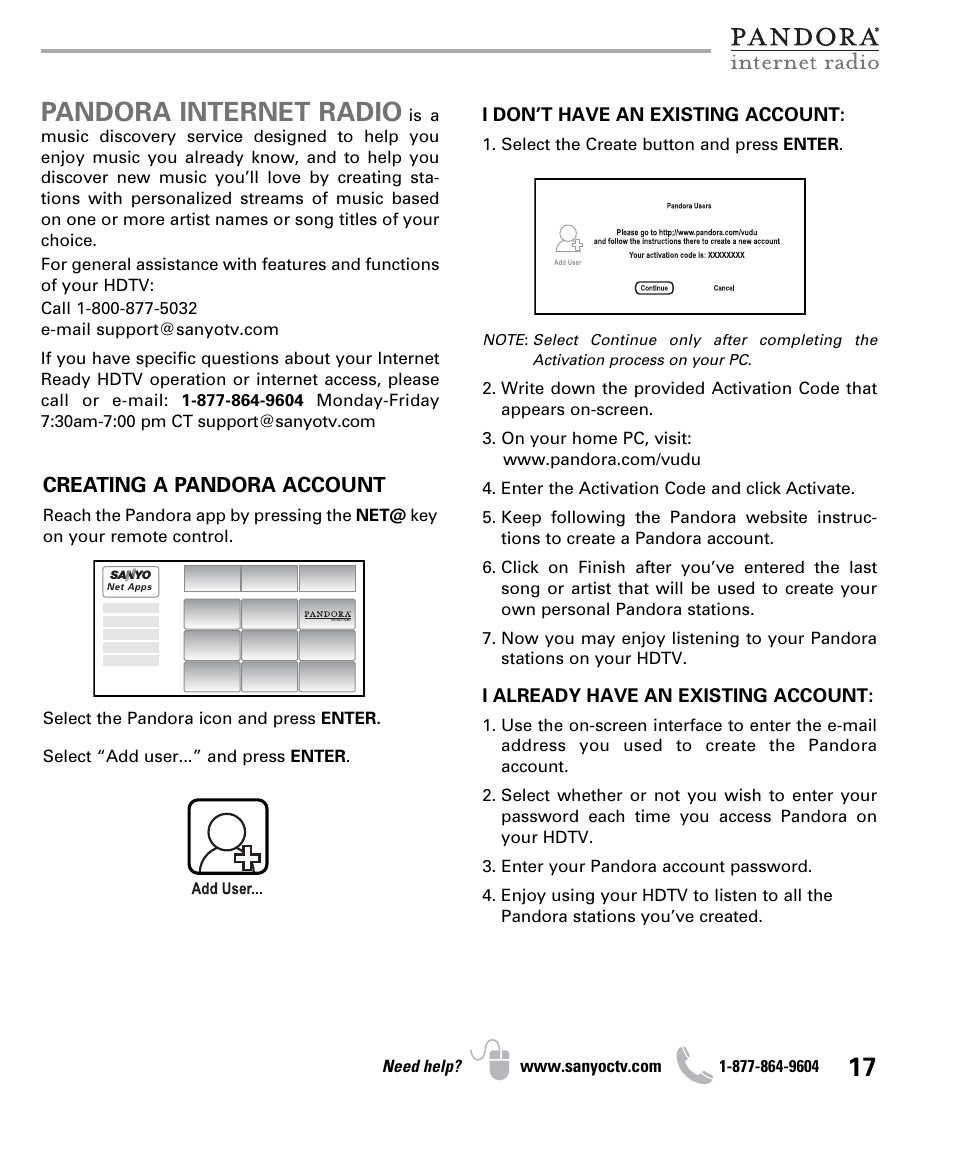 Pandora internet radio | Sanyo NET@ DP47460 User Manual | Page 17 / 20