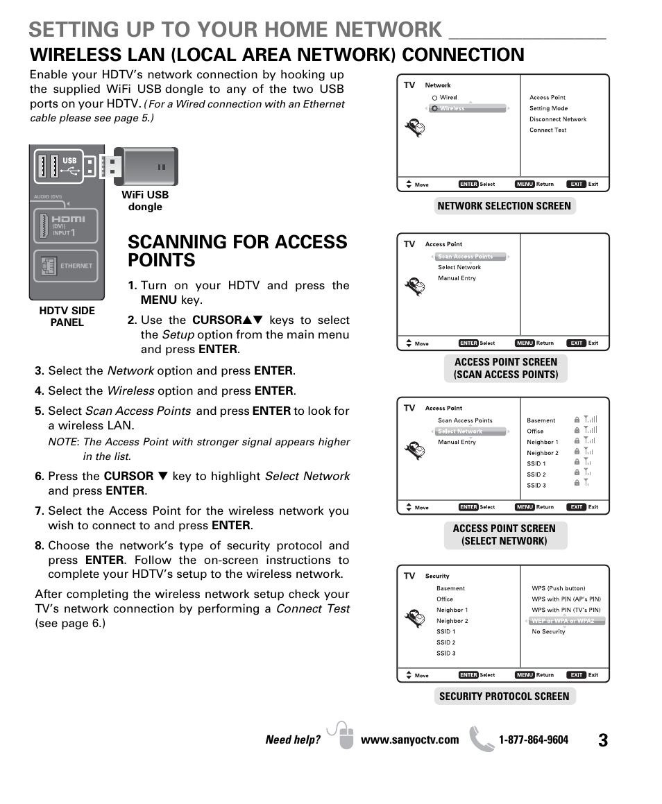 Setting up to your home network, Wireless lan (local area network) connection, Scanning for access points | Sanyo NET@ DP47460 User Manual | Page 3 / 20