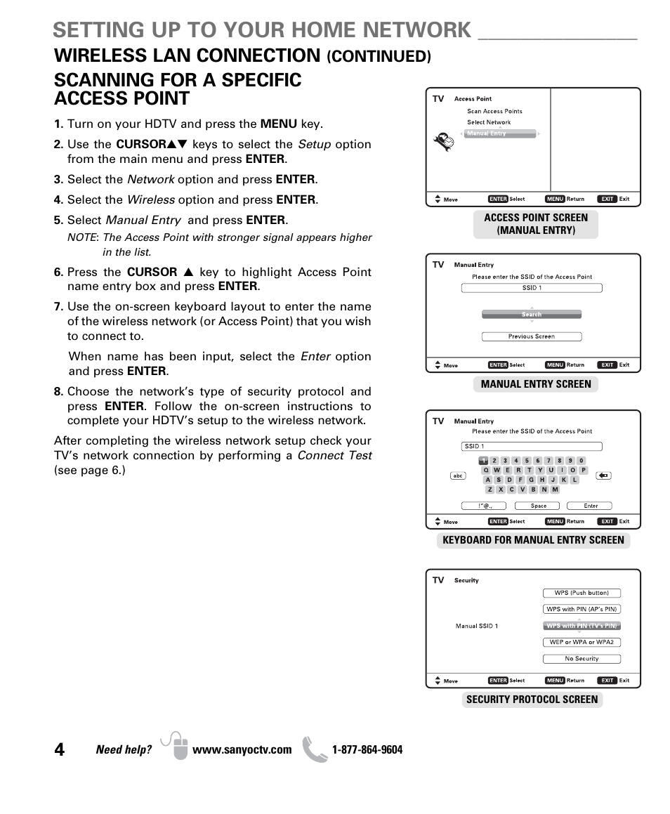 Setting up to your home network, Wireless lan connection, Scanning for a specific access point | Continued) | Sanyo NET@ DP47460 User Manual | Page 4 / 20