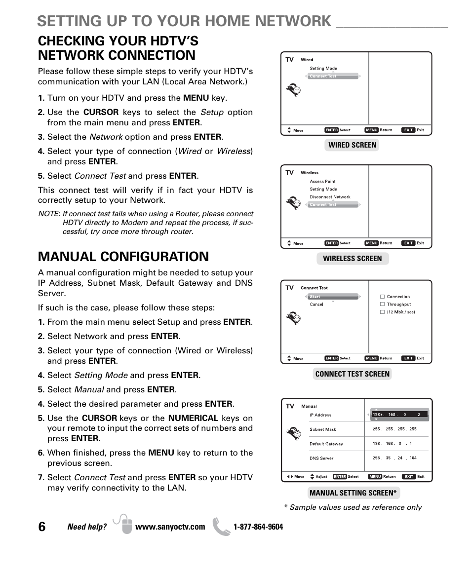 Setting up to your home network, Checking your hdtv’s network connection, Manual configuration | Sanyo NET@ DP47460 User Manual | Page 6 / 20