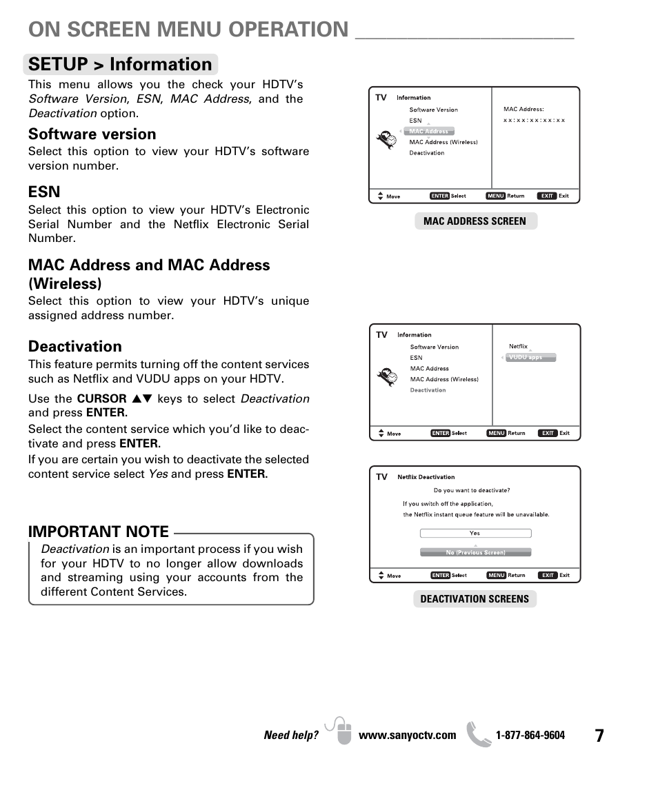 On screen menu operation, Setup > information | Sanyo NET@ DP47460 User Manual | Page 7 / 20