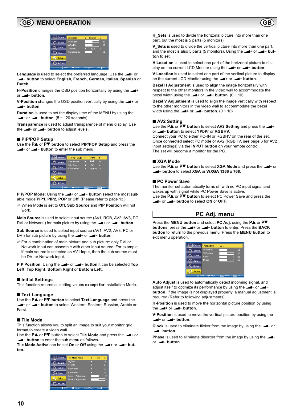 10 menu operation, Pc adj. menu | Sanyo CE42LH2WP User Manual | Page 10 / 33