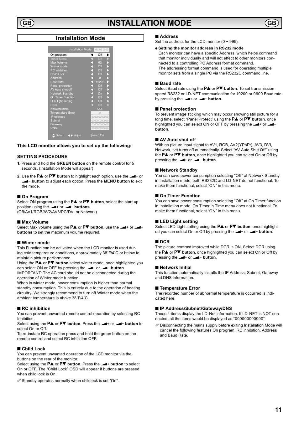 Installation mode | Sanyo CE42LH2WP User Manual | Page 11 / 33