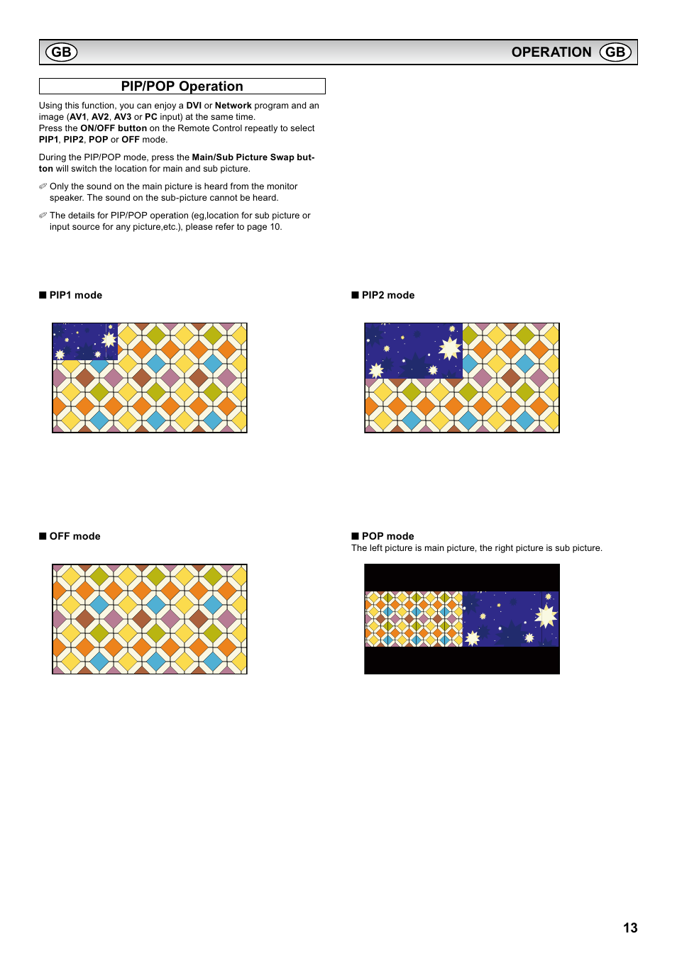 13 operation pip/pop operation | Sanyo CE42LH2WP User Manual | Page 13 / 33