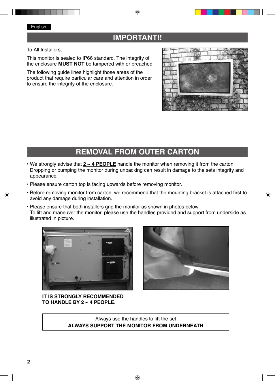 Important!! removal from outer carton | Sanyo CE42LH2WP User Manual | Page 22 / 33