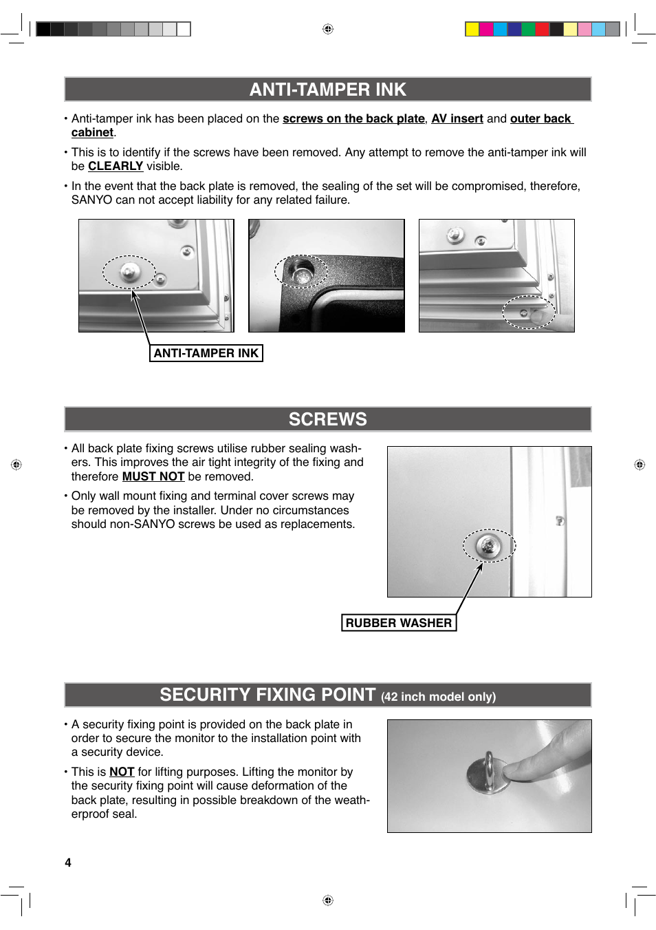 Anti-tamper ink screws, Security fixing point | Sanyo CE42LH2WP User Manual | Page 24 / 33