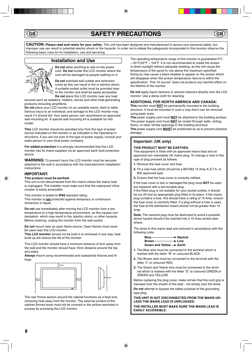Safety precautions, Installation and use | Sanyo CE42LH2WP User Manual | Page 28 / 33
