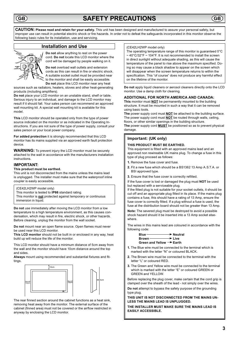 Safety precautions, Installation and use | Sanyo CE42LH2WP User Manual | Page 3 / 33