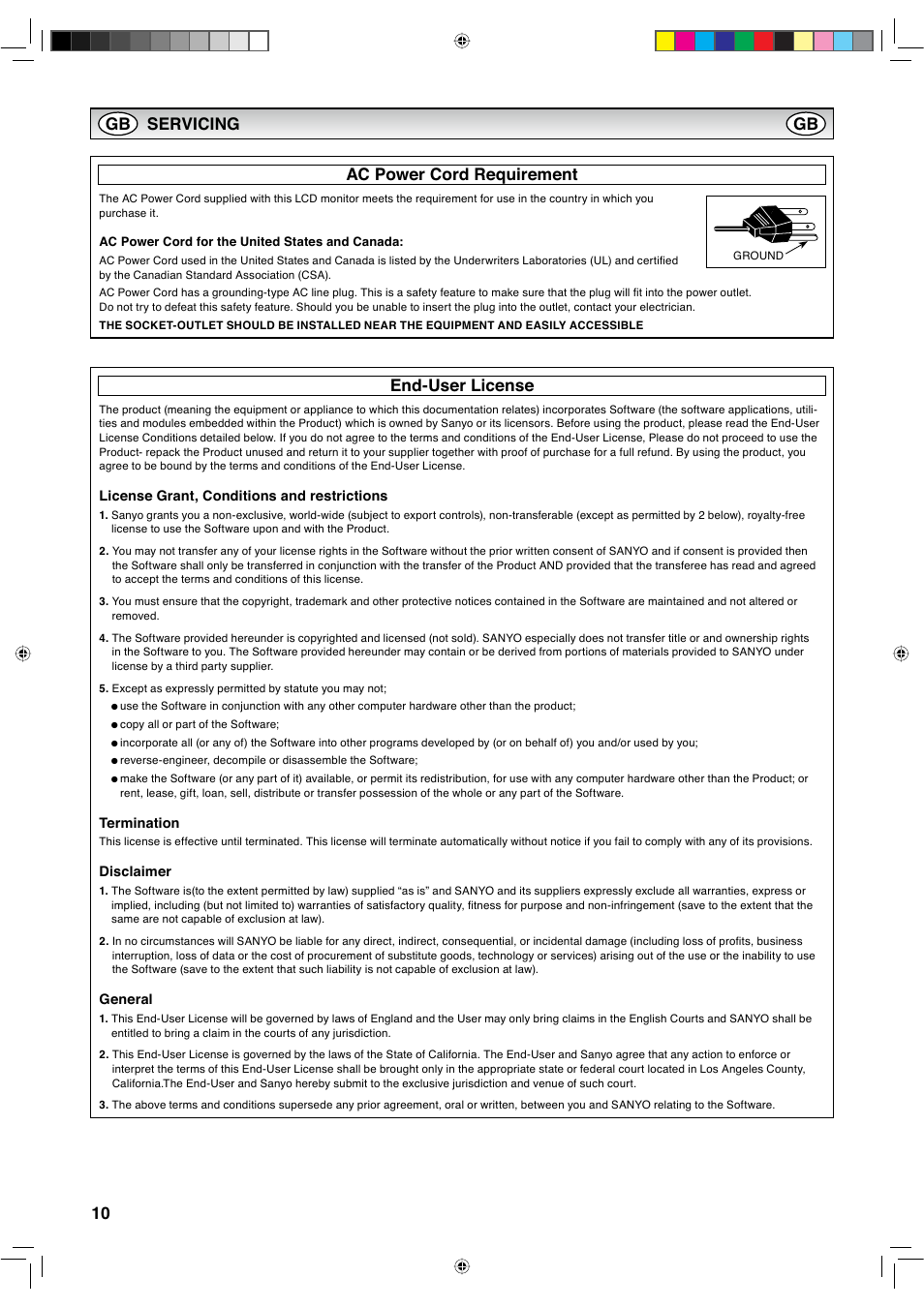 10 ac power cord requirement, End-user license, Servicing | Sanyo CE42LH2WP User Manual | Page 30 / 33